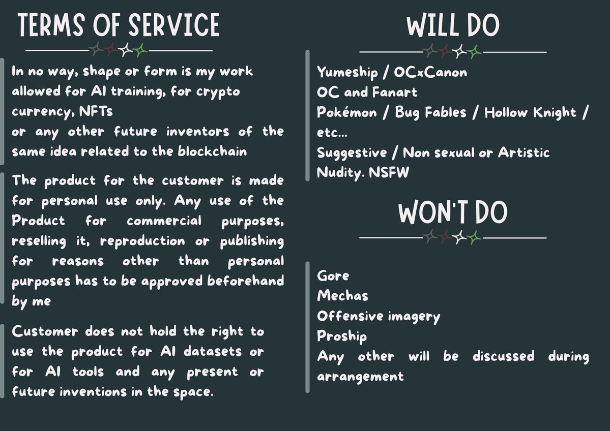 Basedon_Jen's tweet photo. I've updated TOS and adjusted my price sheet, comms are still open and very available!! Link will be in the replies <3 https://t.co/XGMmqS8MaM