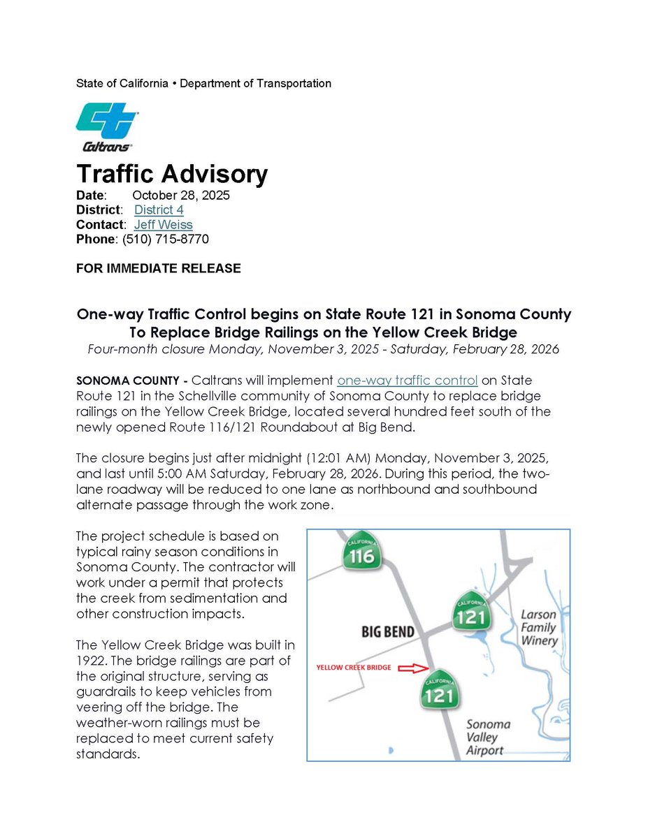 CaltransD4's tweet image. 🚧 SONOMA COUNTY: One-way traffic control starts Nov 3 on SR-121 near Big Bend for bridge railing replacement at Yellow Creek Bridge. Work runs through Feb 2026 — expect delays.

#SR121 #SonomaCounty #BeWorkZoneAlert #CaltransBay