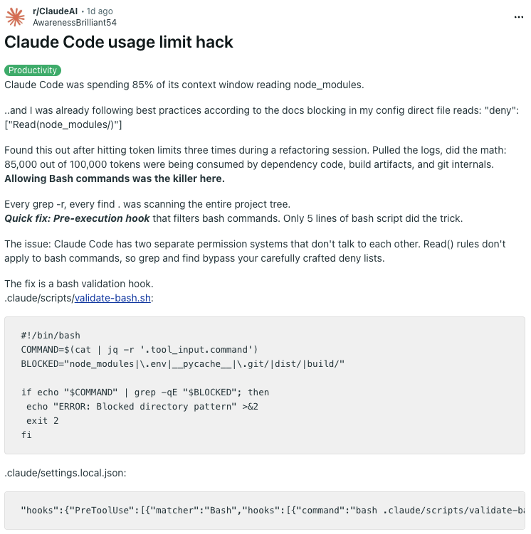 Sakeeb91's tweet photo. This is a great fix for anyone hitting rate limits too fast with Claude Code https://t.co/OLWYlICB09