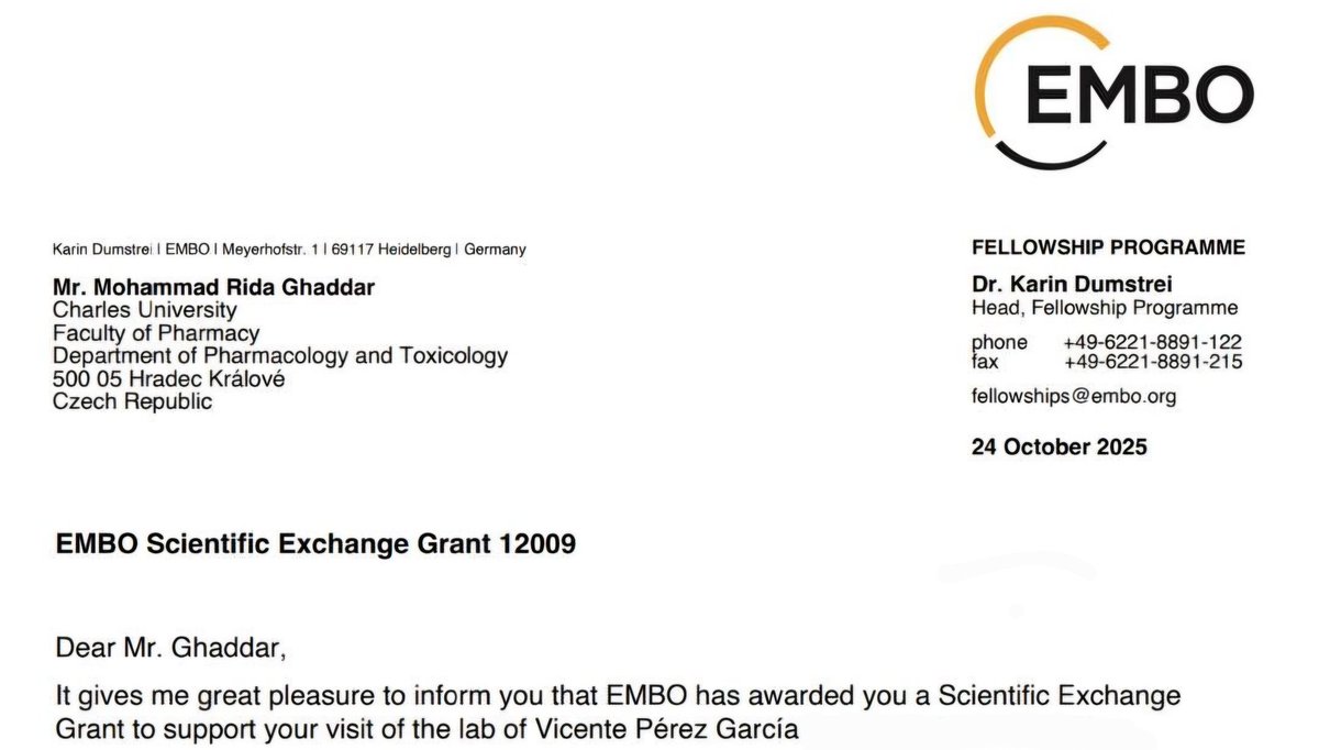 MhmdCK7's tweet photo. I don't share much here, but last week I received the official acceptance for the @EMBO Scientific Exchange Grant, a prestigious fellowship supporting short-term research exchanges.

Next stop: Madrid 🇪🇸, joining 
@Vicensella lab!

Thanks to @FrantisekStaud for the support! https://t.co/VwYPos6wzF