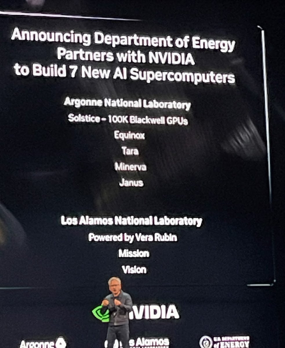 InfluenceHaus's tweet image. Jensen Huang announces a massive partnership: The Dept. of @ENERGY and @NVIDIA are teaming up to build seven new AI supercomputers at @argonne National Lab. This will dramatically accelerate scientific discovery and innovation. #NVIDIAGTC @NVIDIAGTC