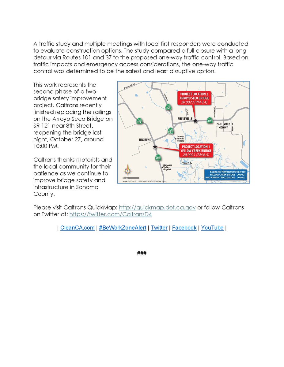 CaltransD4's tweet image. 🚧 SONOMA COUNTY: One-way traffic control starts Nov 3 on SR-121 near Big Bend for bridge railing replacement at Yellow Creek Bridge. Work runs through Feb 2026 — expect delays.

#SR121 #SonomaCounty #BeWorkZoneAlert #CaltransBay