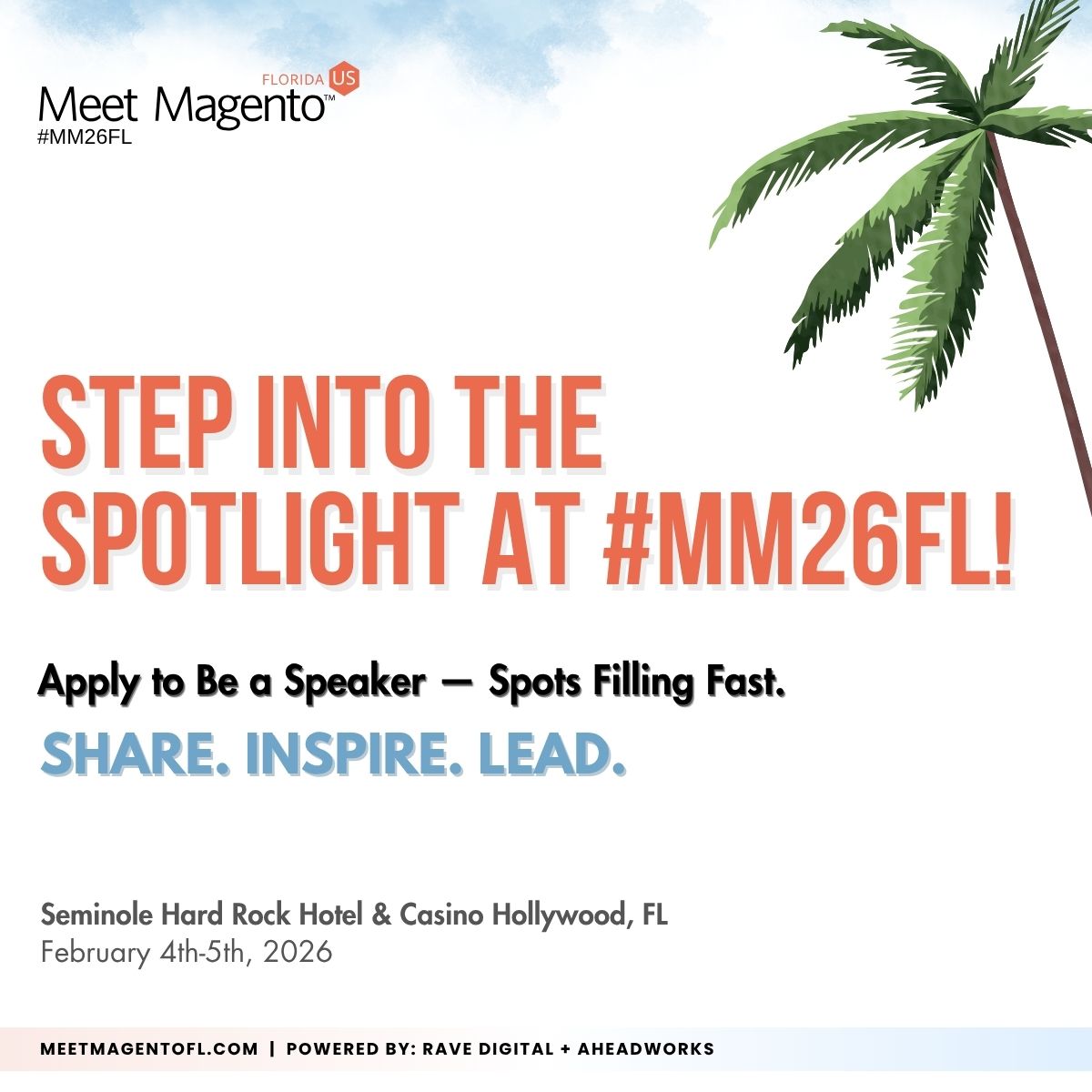 🎤 Share Your Voice, Inspire the Community - #MM26FL!

📅 February 4–5, 2026
📍 Hard Rock Hotel &amp; Casino, Hollywood, Florida

This is your chance to take the stage at #MM26FL.

👉 Apply now:: bit.ly/call-for-speak…
-
<a href="/ravedigitalus/">Rave Digital</a> + <a href="/Aheadworks/">Aheadworks</a>

#CallForSpeaker #Magento
