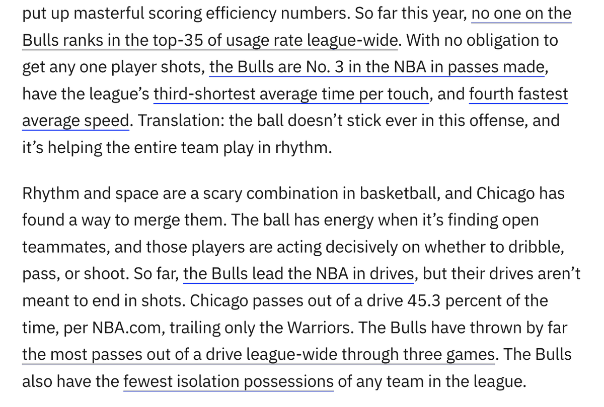SBN_Ricky's tweet image. Bulls so far:
- No. 3 in passes made
- No. 2 in assist rate
- No. 3 in shortest average time per touch
- No. 1 in drives
I think those are sustainable. Having the league's best defense (with 26% opponent three-point shooting) definitely is not. More from my column today: