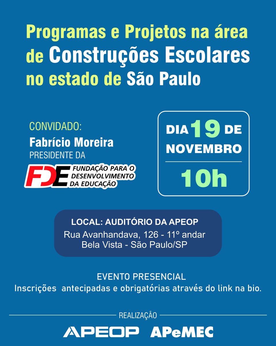 Evento presencial - Apresentação de Programas e Projetos na área de Construções Escolares no estado de São Paulo. Dia 19/11/2025, às 10h. Inscrições antecipadas e obrigatórias através do link: forms.gle/6d53rvLAwYFyxe…