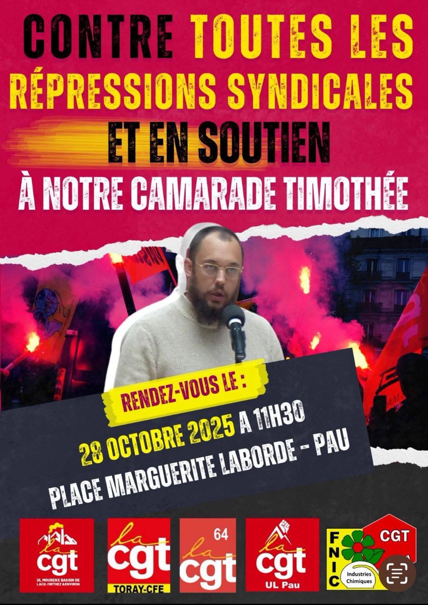 SamuelLegris's tweet image. ✊ Nous étions présents en nombre ce midi devant le conseil de prud'hommes de #Pau pour combattre les répressions syndicales et afficher notre soutien à notre camarade #Timothée Esprit face à l'acharnement de la direction de #Toray !
🙏 Crédit photo : @JacGuilbert / @Alan_Galiza