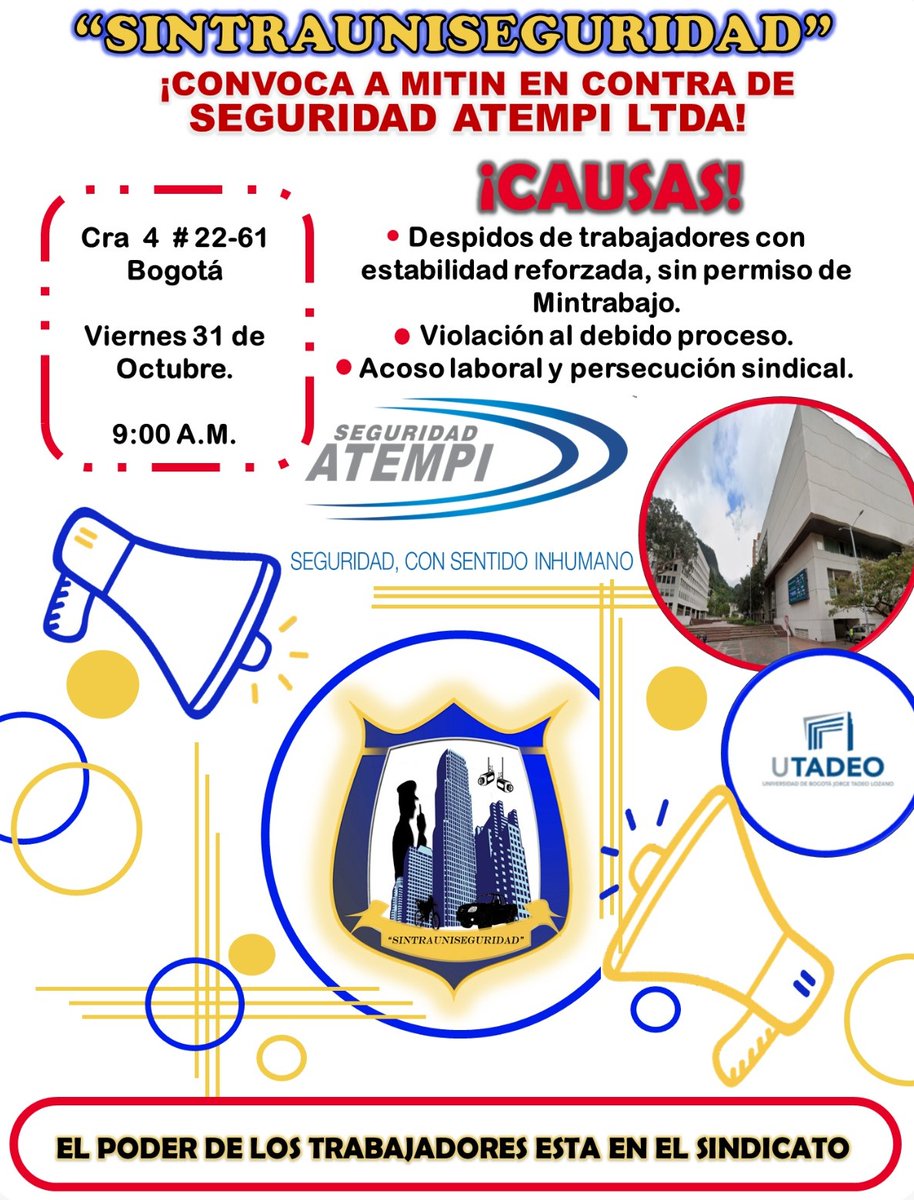 asoguardas1966's tweet photo. Agradecemos la confirmación de las organizaciones sindicales @sintrafortox @Sinaltofficial @SintraSecFin @escuelamariacano 
Seguimos en la convocatoria en las instalaciones de @Utadeo_edu_co @CineUTADEO @CineUTADEO @EditorialUTadeo @Oyemeutadeo20 
@sintrasepaz @Percebe87 https://t.co/LHtpmhBZsy