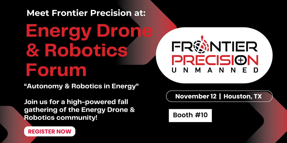 enrgdrone's tweet image. 🚁 Discover the future of unmanned tech w/@frontierprec!
See them at Booth #10 during the Energy Drone &amp;amp; Robotics Forum, Nov. 12 in Houston.

From LiDAR mapping to public safety and energy, they’ve got the right drone + sensor for every mission. Register! hubs.la/Q03QDhnW0