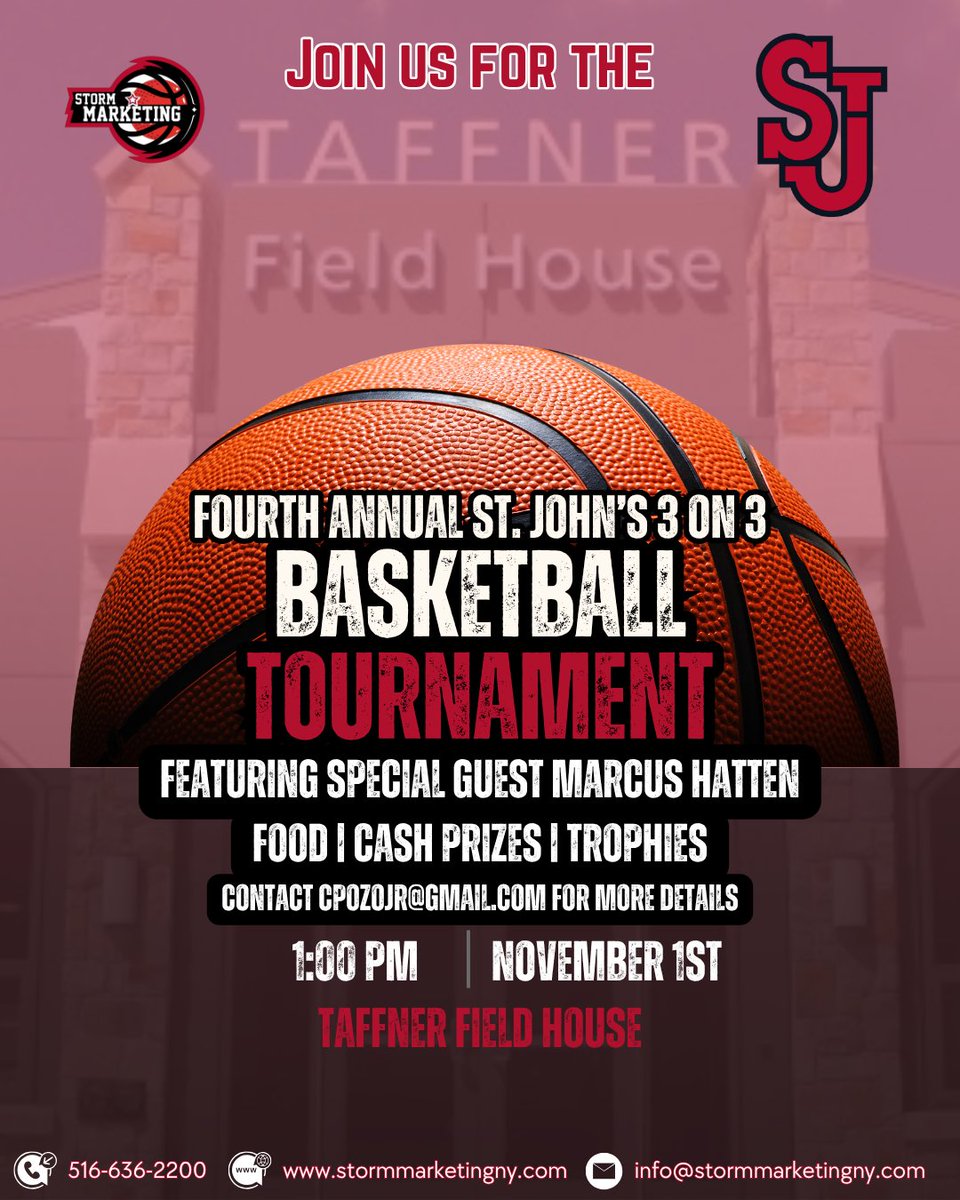 🚨 St. John's Students! 🚨

Come down to Taffner on Saturday, November 1st at 1:00 P.M. for the Fourth Annual St. John's 3 On 3 Basketball Tournament! 

Featuring special guest Marcus Hatten 🏀

Food, Cash Prizes, &amp; Trophies all available!

Contact Cesar Pozo at cpozojr@gmail.com