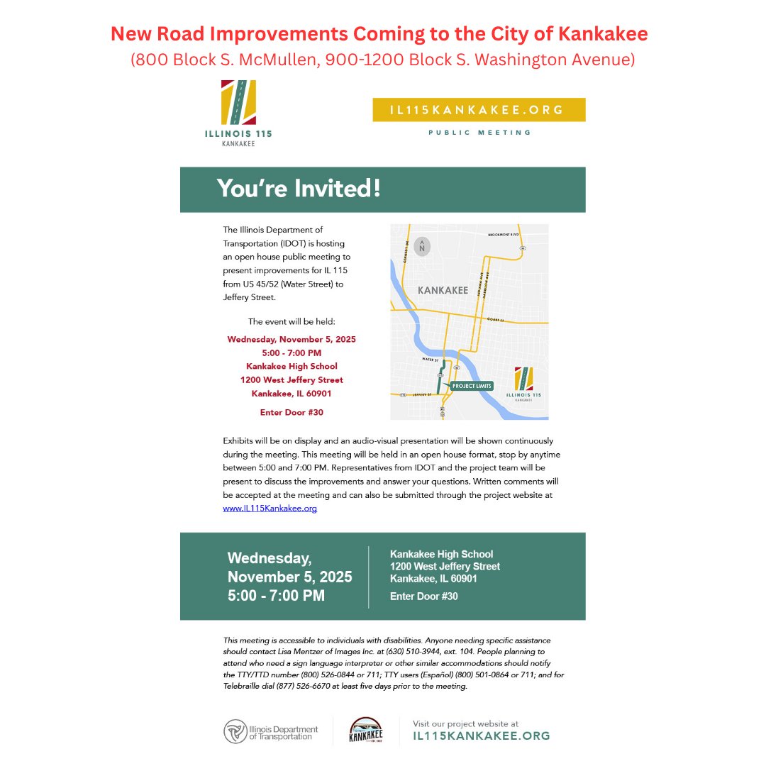 IDOT will host an open house public meeting to share planned improvements to IL 115, from US 45/52 (Water Street) to Jeffery Street.

🗓 11/5/2025
🕔 5:00 – 7:00 p.m. 
📍 Kankakee High School, 1200 West Jeffery Street
🚪 Enter through Door #30

👉 IL115Kankakee.org
