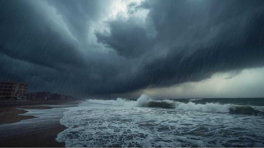 Dark stormy clouds dominate the sky with rays of light breaking through casting dramatic illumination over a beach scene. Large waves crash onto the sandy shore with white foam visible. Multi-story buildings line the background near the water edge. The overall atmosphere conveys intense weather conditions associated with a cyclone.