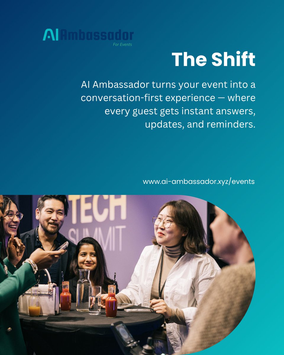 ai_ambassador_'s tweet image. Create a 5-Star Event Experience — Without the Stress 💫
Automate attendee communication, updates &amp;amp; FAQs with AI Ambassador.
Fewer delays, happier guests, seamless coordination.
👉Try it free: hello.msg2ai.xyz

 #EventTech #AIConcierge #EventAutomation