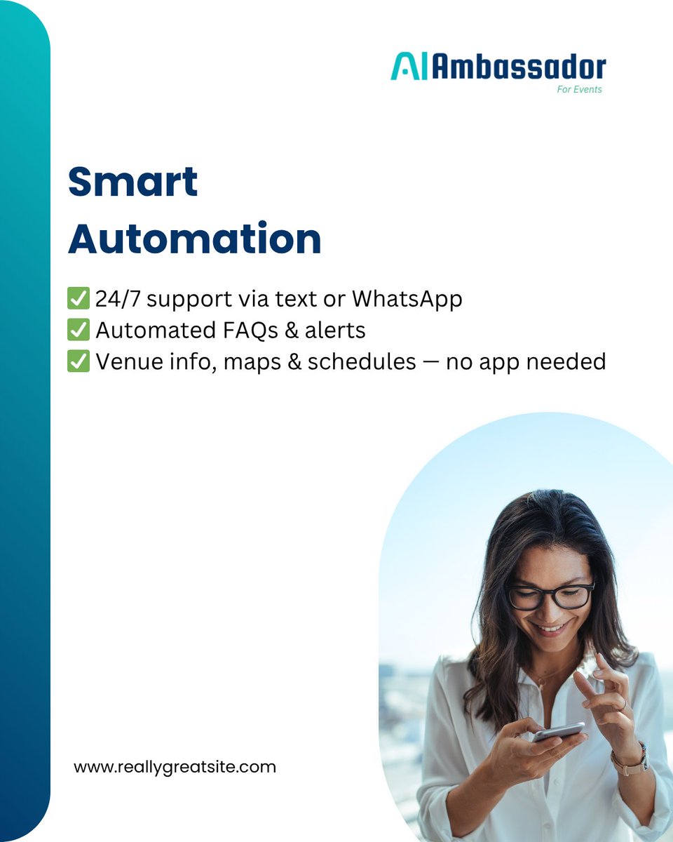 ai_ambassador_'s tweet image. Create a 5-Star Event Experience — Without the Stress 💫
Automate attendee communication, updates &amp;amp; FAQs with AI Ambassador.
Fewer delays, happier guests, seamless coordination.
👉Try it free: hello.msg2ai.xyz

 #EventTech #AIConcierge #EventAutomation