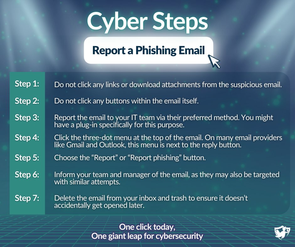 BlueCoreTech's tweet image. Phishing emails aren’t just annoying — they’re dangerous. 

Knowing how to report suspicious emails is a simple but powerful cybersecurity tool.

Follow these cyber steps to safely report and remove potential phishing attempts.

#TipTuesday