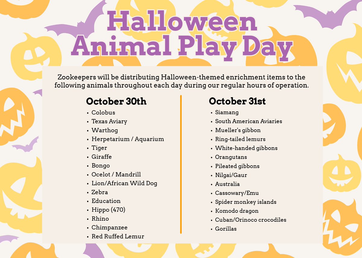 We're treating our animals to some Halloween fun this week! 🎃
Visit us on the 30th &amp; 31st during our normal operating hours to see our animals interacting with Halloween enrichment.
Then come back in the evening from 6-9 p.m. to trick-or-treat at Boo at the Zoo! 🦇🍬