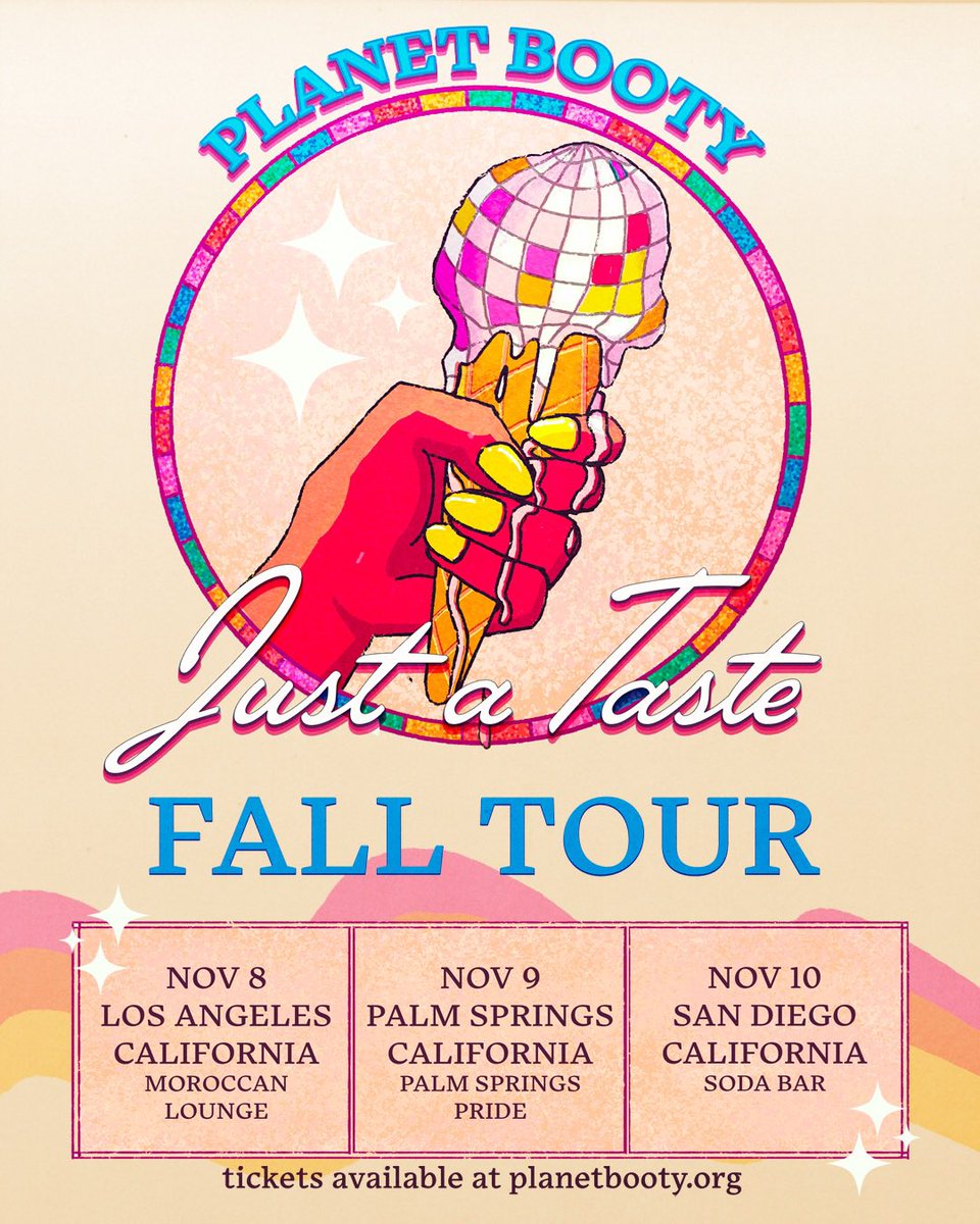 Less than 2 weeks away SoCal! Tickets available at planetbooty.org 🍑

⭐️ 11/8 LA <a href="/moroccan_lounge/">The Moroccan Lounge</a>
🌈 11/9 Palm Springs Pride 
🌴 11/10 San Diego <a href="/SodaBarSD/">SODA BAR</a> 

👅 Come get a taste 

🎨 by <a href="/marmsart/">✨ maggie may ✨@marms.art on bluesky</a>