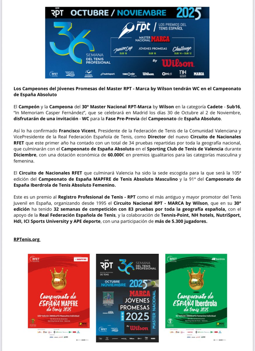 Los CAMPEONES del 30º Master Nacional <a href="/rptenis/">RPTenis</a> <a href="/marca/">MARCA</a> by <a href="/WilsonTenisEsp/">Wilson Tenis España</a> en la categoría Jovenes Promesas Sub16, que se celebrará en la <a href="/ciudadraqueta/">Ciudad de la Raqueta</a> de Madrid disfrutarán de WC para la Fase PPrevia del Campeonato de España Absoluto en Valencia <a href="/RFETenis/">Tenis España</a>