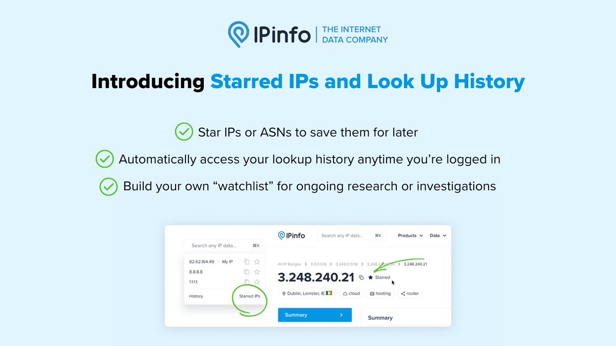 ipinfo's tweet image. Never lose track of an IP again.

Introducing Starred IPs and Lookup History, two new features that make it easier than ever to explore and organize IP data inside your IPinfo dashboard.

Learn more → ipinfo.io/blog/introduci…

#devtools #ipdata
