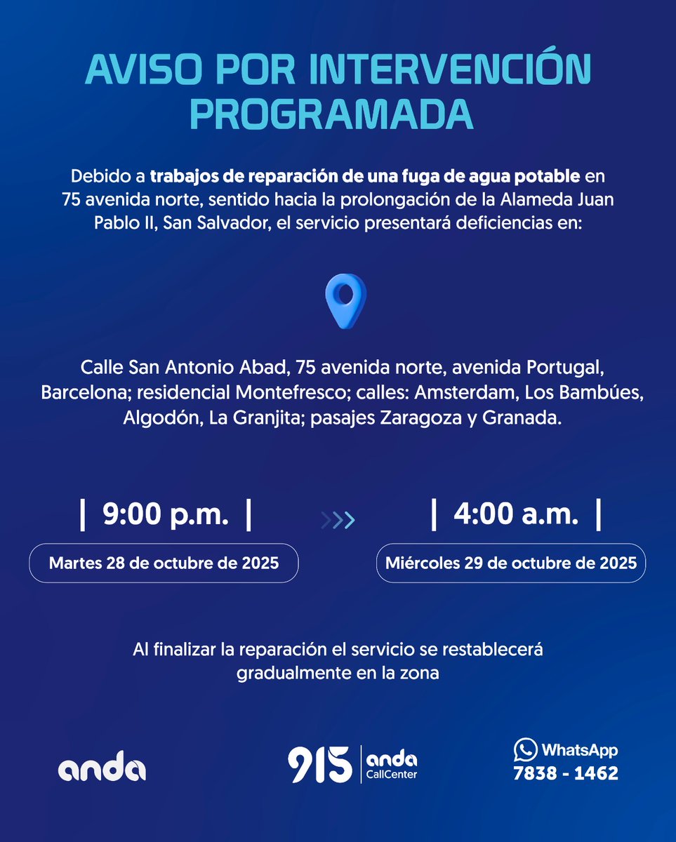#Actualidad| <a href="/ANDASV/">ANDA</a> informa que este martes habrá interrupción del servicio de agua potable en varias zonas de San Salvador, incluyendo San Antonio Abad, 75 Avenida Norte, Avenida Portugal, Barcelona, Residencial Montefresco, Amsterdam.