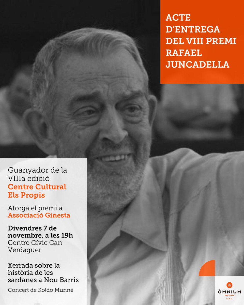 📅👉 El proper divendres 7 de nov estarem a <a href="/CanVerdaguer/">Masia Can Verdaguer</a> amb l'entrega del VIIIe Premi Rafael Juncadella amb <a href="/elspropis/">Centre Cultural Els Propis</a> 
Vine a celebrar i parlar de la cultura noubarrienca! T'hi esperem!