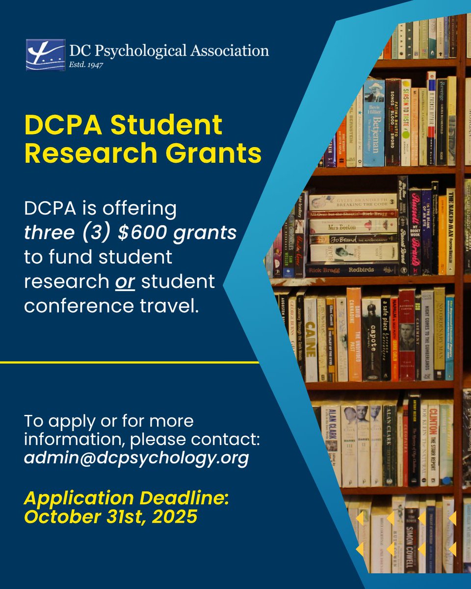 DCPsychAssoc's tweet image. Calling all psychology students! We’re offering three (3) $600 grants to support your research or conference travel. Whether you&apos;re an undergrad or grad student, this is your chance to get the support you need! For more information or to apply, email admin@dcpsychology.org.