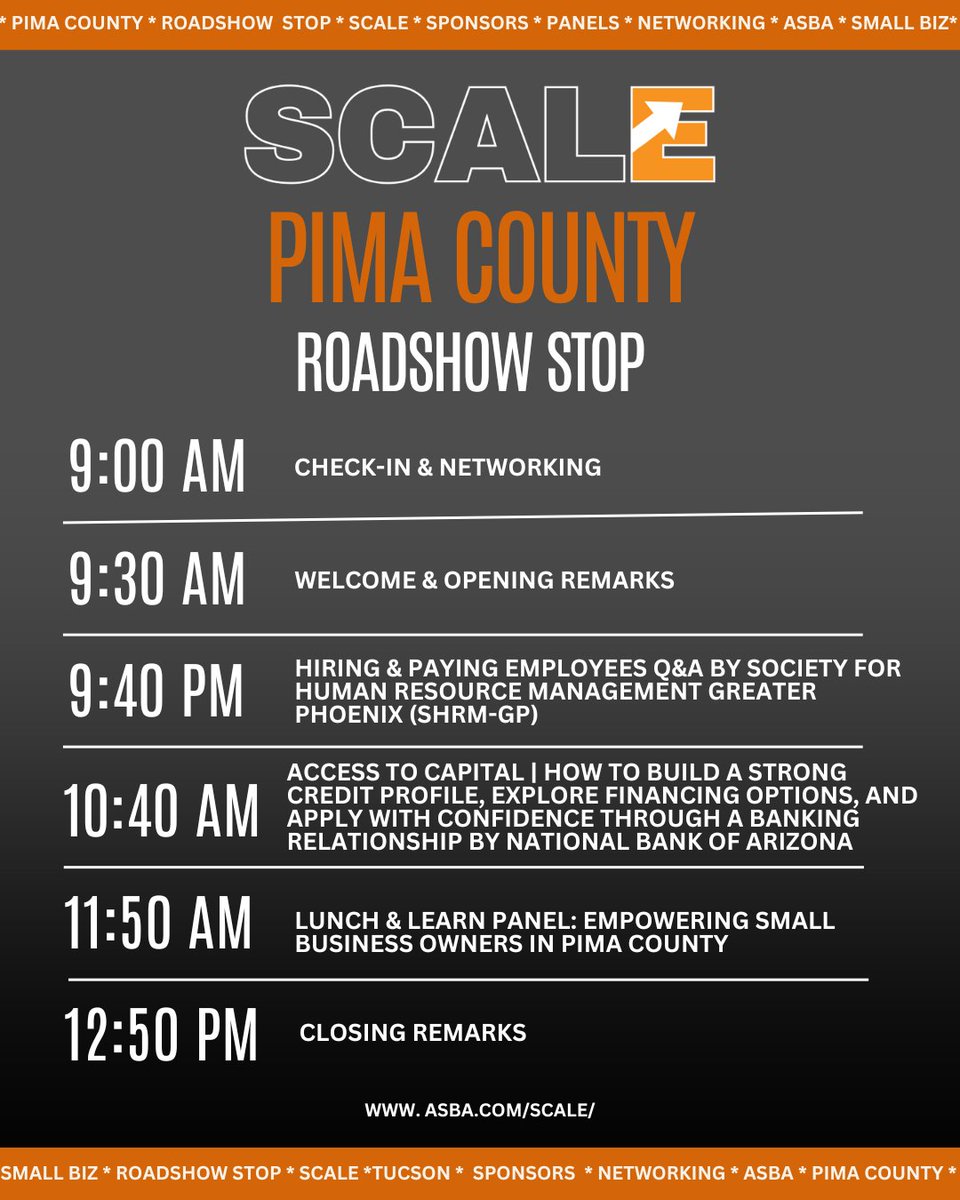 SCALE Roadshow – Pima County Stop (Tucson, AZ)
TOMORROW, Oct. 29TH

Entrepreneurs from Tucson, Oro Valley, Marana, Sahuarita, Green Valley, Vail, &amp; surrounding areas are invited to connect, collaborate, and walk away with the tools and insights to grow and scale their businesses.