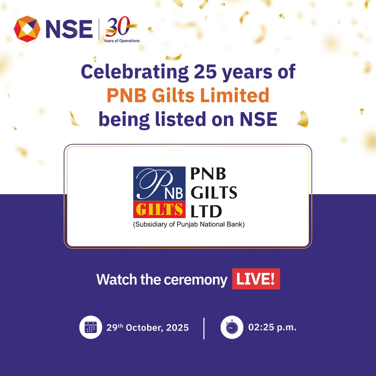 NSEIndia's tweet photo. Do join us LIVE tomorrow for the celebration of ‘25 years of PNB Gilts Limited being listed on NSE’ 
Event link to be shared soon! 

#NSEIndia #listing #StockMarket #ShareMarket #PNBGiltsLimited #25yearsOfListing @ashishchauhan https://t.co/PX0maYibAe