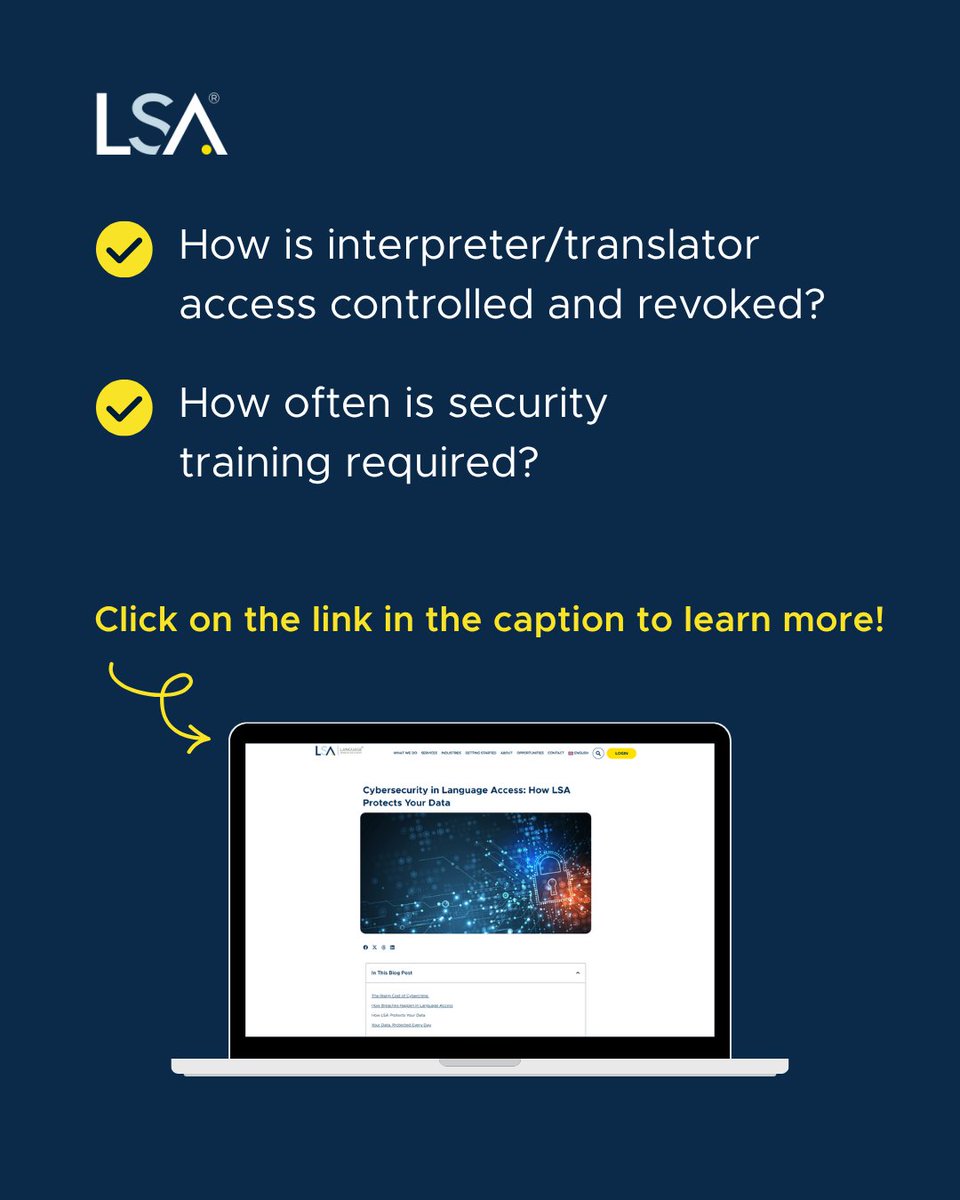 LSAWeb's tweet image. 🔒 If your organization relies on a language service provider, they should be able to answer the questions pictured below. If they can’t answer these, your organization could be at risk. Read the full article: okt.to/mSrgnB
