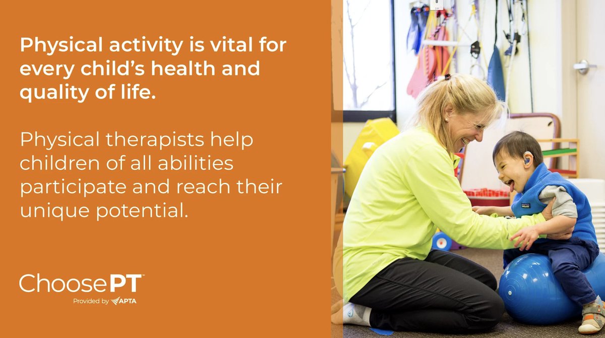 AcadPedPT's tweet image. As pediatric physical therapists, we empower children and teens to reach their full potential. Our work helps them: 

- Participate more fully at school, in their communities and sports
- Build strength and endurance for daily activities
+ more!

#ChoosePT #NationalPTMonth