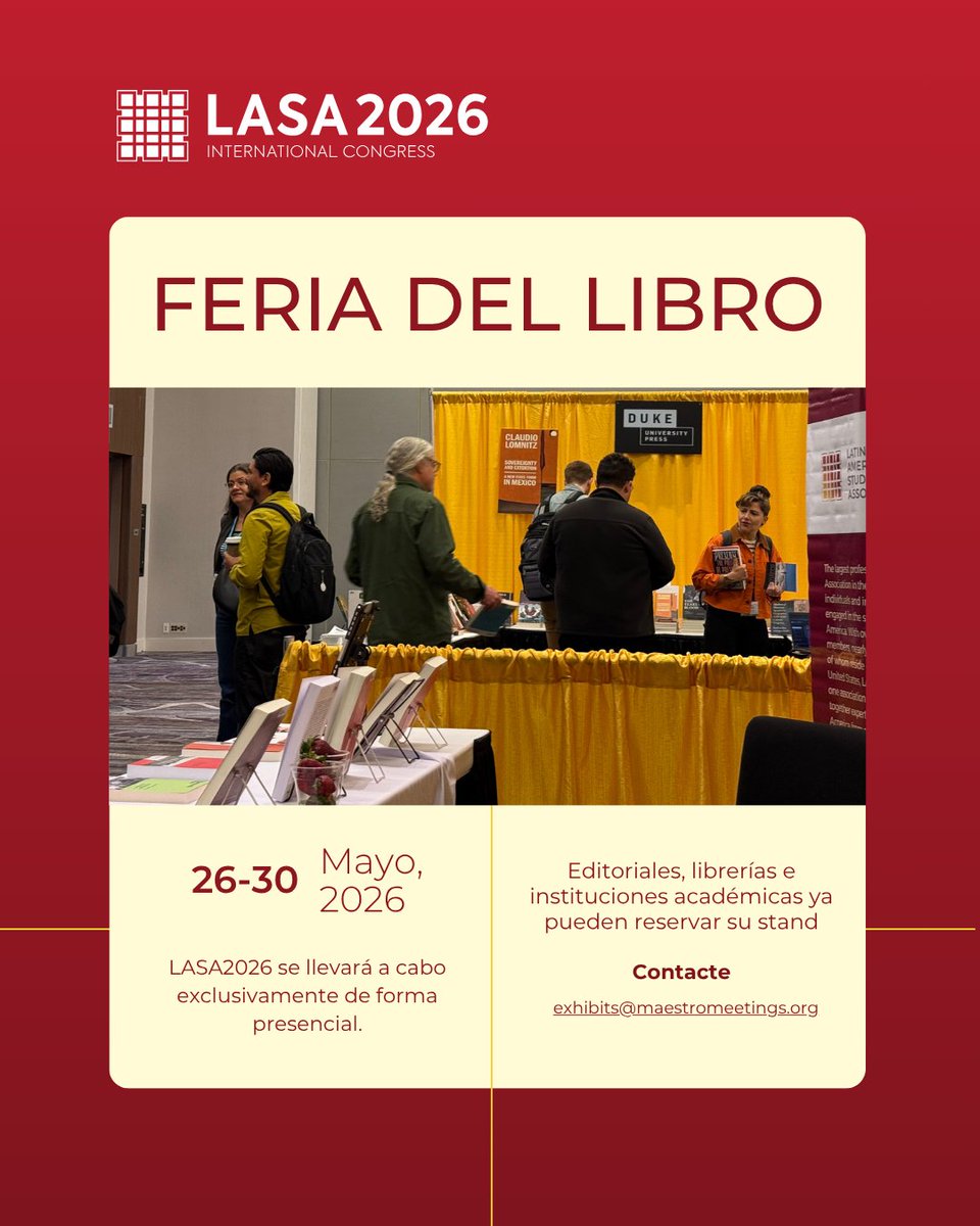 LASA2025 (@2025lasa) on Twitter photo Feria del Libro de #LASA2026 París 
LASA invita a editoriales, librerías e instituciones académicas a participar en la Feria del Libro de LASA2026, que se llevará a cabo en París.
Conoce todos los detalles y reserva tu espacio: loom.ly/OJLK3S0 Feria del Libro de #LASA2026 París 
LASA invita a editoriales, librerías e instituciones académicas a participar en la Feria del Libro de LASA2026, que se llevará a cabo en París.
Conoce todos los detalles y reserva tu espacio: loom.ly/OJLK3S0