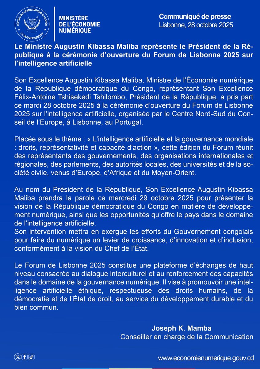 Son Excellence Augustin Kibassa Maliba a pris part ce mardi 28 octobre 2025, à la cérémonie d'ouverture du forum de Lisbonne 2025 sur l'intelligence artificielle.