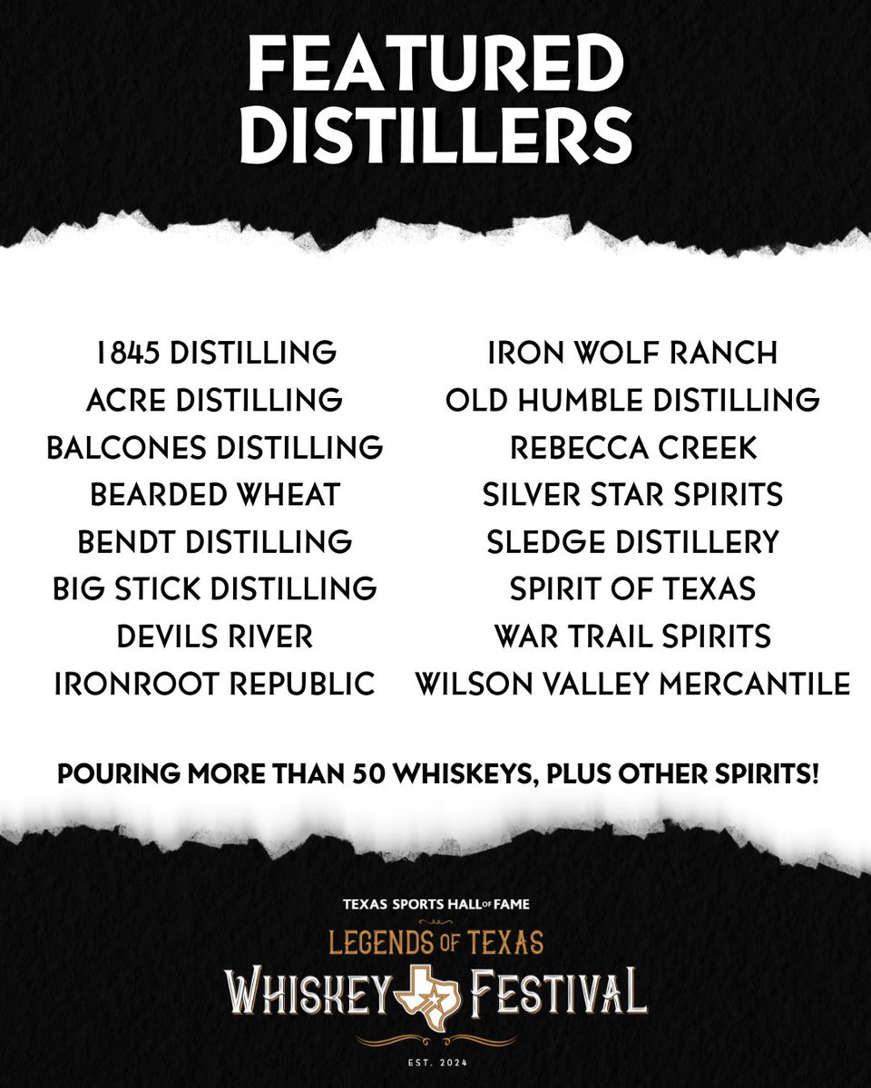 TXSportsHOF's tweet image. Meet the makers, taste the stories, and experience Texas craftsmanship at its finest. Featuring distillers from across the Lone Star State at the Legends of Texas Whiskey Festival. 

#TexasWhiskey #CraftDistilling #TSHOF #Whiskey