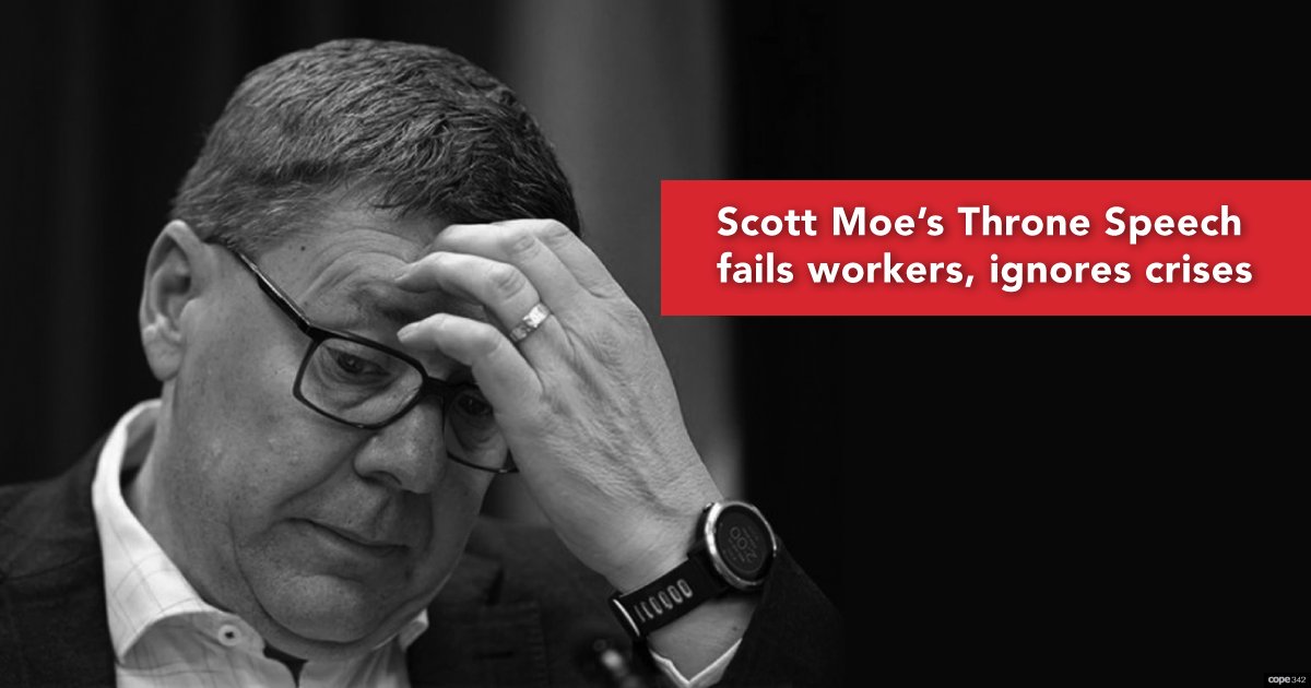 Scott Moe’s Throne Speech fails workers, ignores crises. The government has no plans to strengthen public services, fix schools, end the health care crisis, or give workers a raise. #skpoli  sk.cupe.ca/2025/10/28/sco…