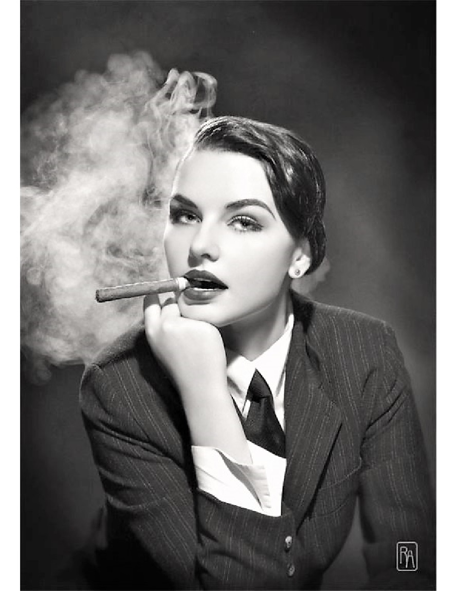 #VintageFemdom     Mistress in a suit and tie with a cigar