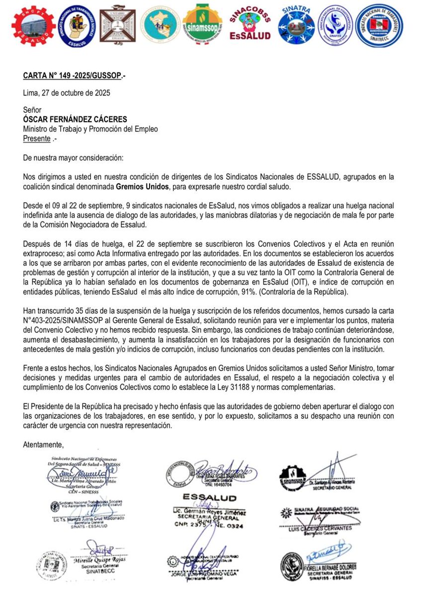 🚨¡SINAMSSOP y Gremios Unidos exigimos cambio urgente en EsSalud!🚨
Han pasado más de 35 días sin que se cumplan los convenios colectivos ni se restablezca el diálogo.
⚠️ Exigimos cambio de autoridades, respeto a la negociación colectiva y reunión urgente con el MTPE.
#essalud