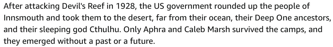 Book: But what if fighting the vile and inhuman denizens of Innsmouth, who worship an ancient alien deity who will destroy all mankind, is the real r*cism?

Fighting Deep Ones is Icthypohobic!

(Author: Also, let’s forget about Dagon because Cthulhu is super-popular right now.)