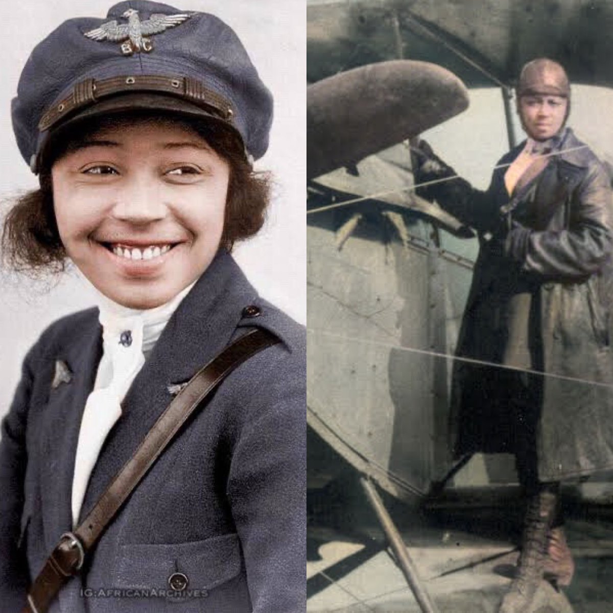 In 1921, Bessie Coleman received her pilot's license becoming the first  black licensed pilot. Women and people of color had no training  opportunities in the US so she learnt French and moved, image size:1200x1200