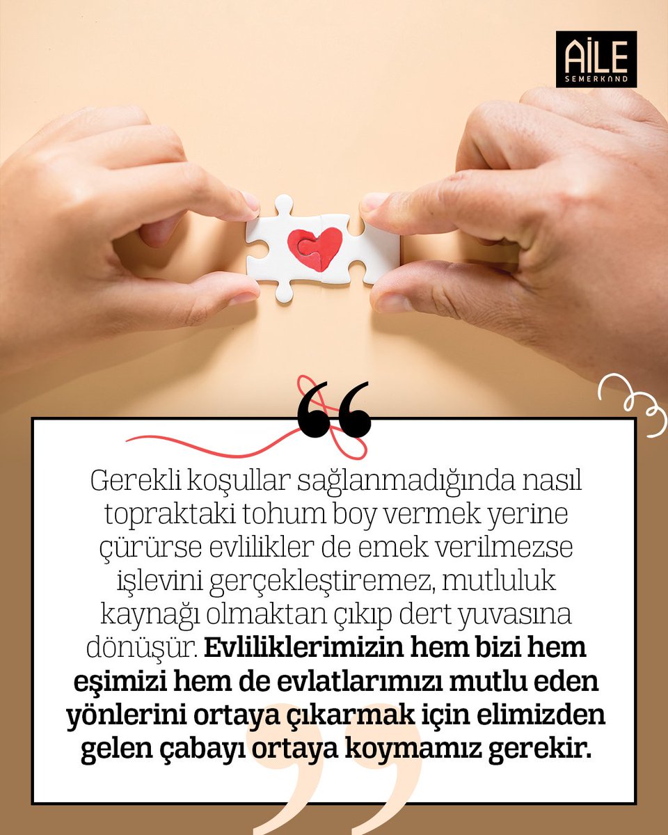 "Gerekli koşullar sağlanmadığında nasıl topraktaki tohum boy vermek yerine çürürse evlilikler de emek verilmezse işlevini gerçekleştiremez, mutluluk kaynağı olmaktan çıkıp dert yuvasına dönüşür."

Semerkand Aile, Ekim 2025

#semerkandaile #ailedergi #semerkand #dergimveben