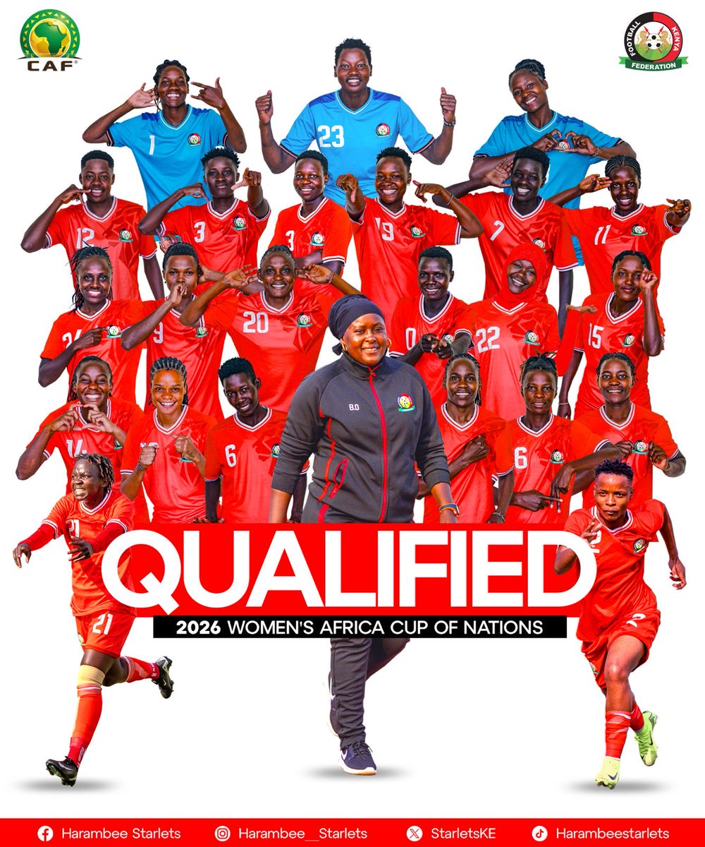 Congratulations to our <a href="/StarletsKE/">Harambee Starlets</a> for qualifying for #WAFCON2026! 🇰🇪⚽️

A big thank you to the players and technical bench for this remarkable achievement, to H.E. President William Samoei Ruto and the Government of Kenya for their immense support, and to our passionate fans for