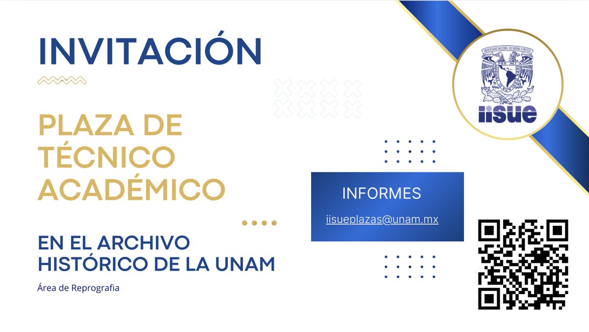IISUE_UNAM's tweet image. #Recuerda: Invitación para una plaza de #técnicoacadémico en el área de #reprografía del #AHUNAM
Toda la información: iisue.unam.mx/nosotros/convo…
#plaza #invitación @PerfilesUNAM @ahunam_difusion @DGDH_UNAM