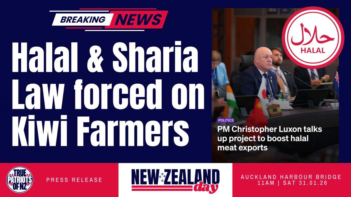 BrianTamakiNZ's tweet image. 💥BREAKING NEWS
HALAL &amp;amp; SHARIA LAW FORCED ON KIWI FARMERS

Luxon’s done a deal with Malaysia.
He’s promising to ramp up Halal audits across New Zealand.
On Kiwi farms…More rules. More red tape. More men in white coats with clipboards.

He beats his chest and states this is our…