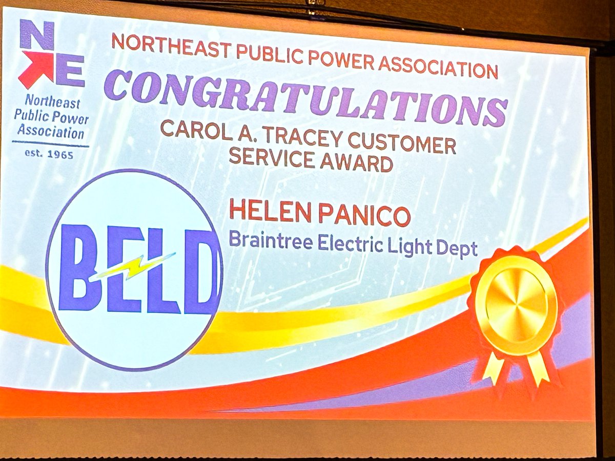 Congrats to BELD’s very own Helen Panico, recipient of NEPPA’s 2025 Carol A. Tracey Customer Service Award! 👏

Helen’s dedication, kindness, and commitment to our customers truly shine. We’re so proud! 💡💙

#BELD #PublicPower #CustomerService #NEPPA #BraintreeMA