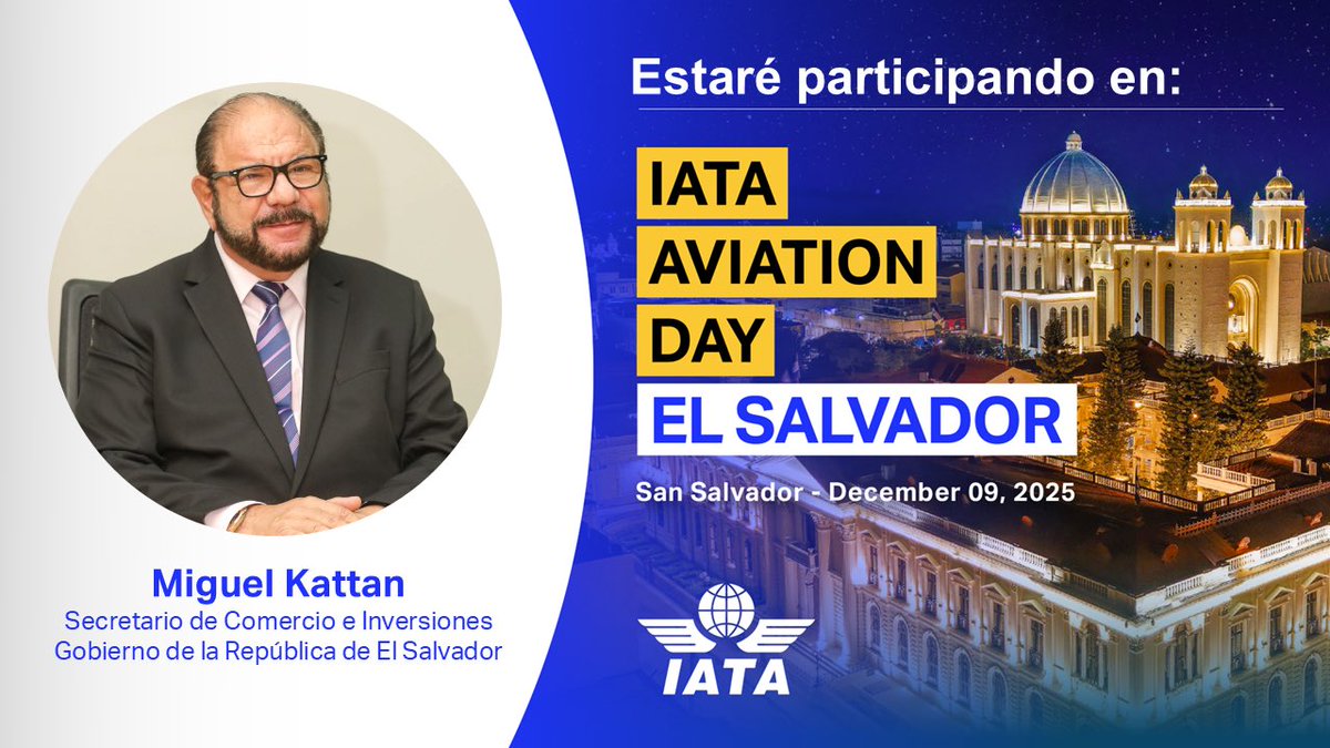 MiguelKattan1's tweet photo. El próximo martes 9 de diciembre participaré en el Día de la Aviación El Salvador para discutir sobre los retos y las oportunidades del transporte aéreo, su impacto en el desarrollo socioeconómico de El Salvador, y cómo el transporte aéreo impulsa el crecimiento del turismo en el país.
 
Los interesados en participar pueden inscribirse en el siguiente enlace: https://t.co/fkOwVAMudl