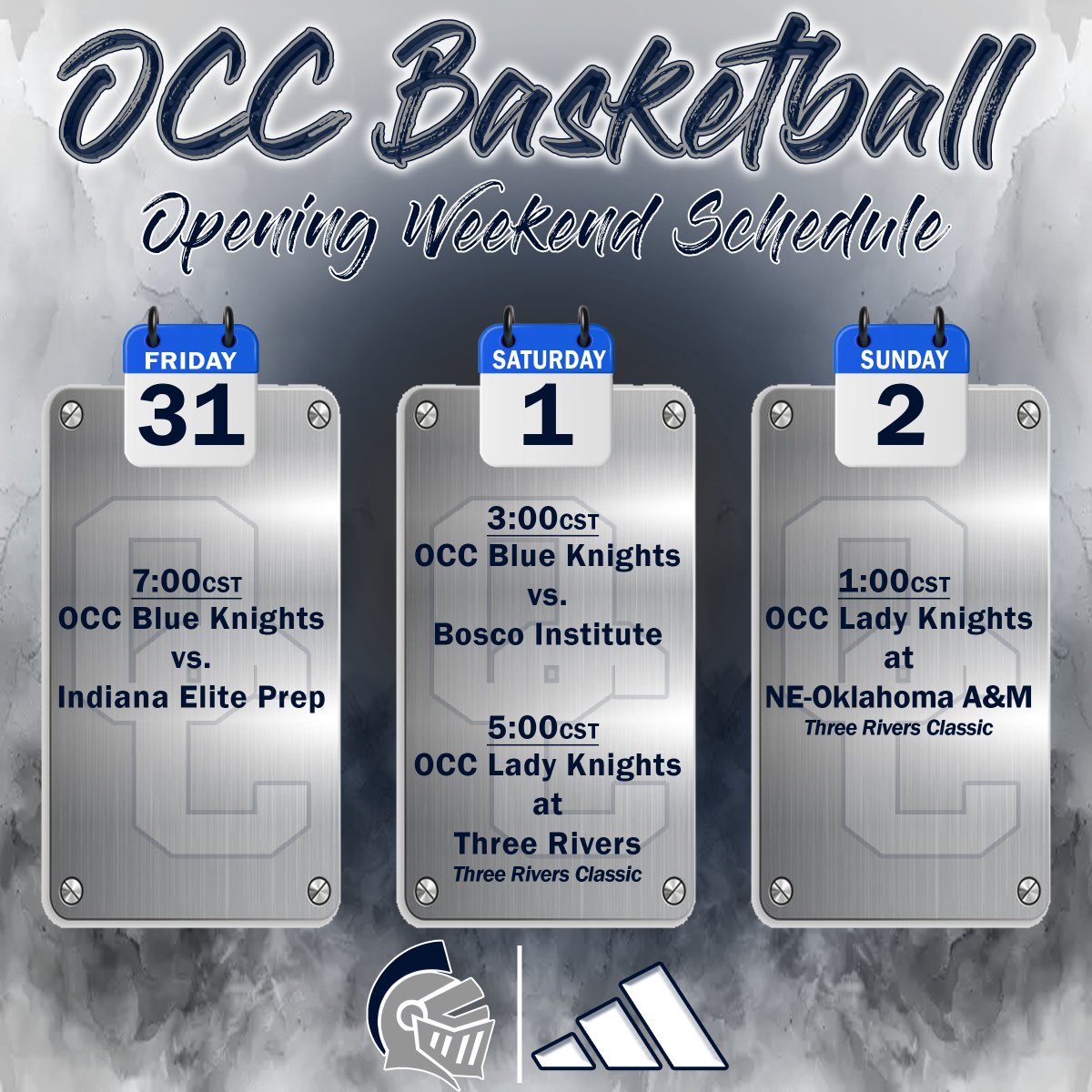 IT'S FINALLY HERE!!

Opening weekend is upon us! The Lady Knights and Blue Knights will open up their 2025-26 campaigns this week. 

MBB will be @ home while, WBB will travel to 3Rivers.

All games will be streamed on our YouTube page Olney Central College Blue Knights Basketball