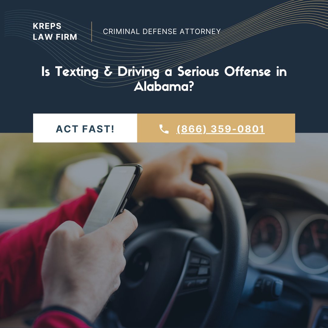KrepsLawFirm_'s tweet image. 📱🚗 Is texting &amp;amp; driving a serious offense in Alabama? The answer is YES.
Don’t risk your record, your license, or your future.
Call Kreps Law Firm for immediate legal help: (866) 359-0801
#TextingAndDriving #AlabamaLaw #CriminalDefense