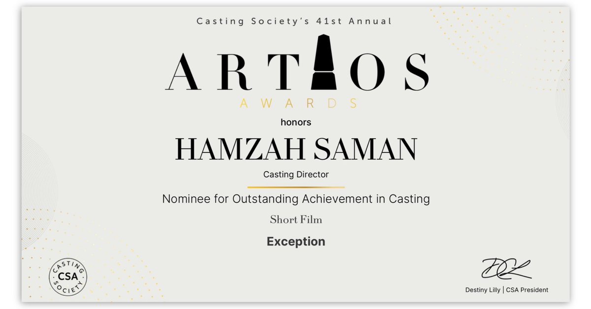 Truly honored to be recognized by the Casting Society of America as a 2026 Artios Awards Nominee for Exception (Short Film).

This acknowledgment represents years of dedication to authentic representation — proving that our stories and our communities belong on every screen.