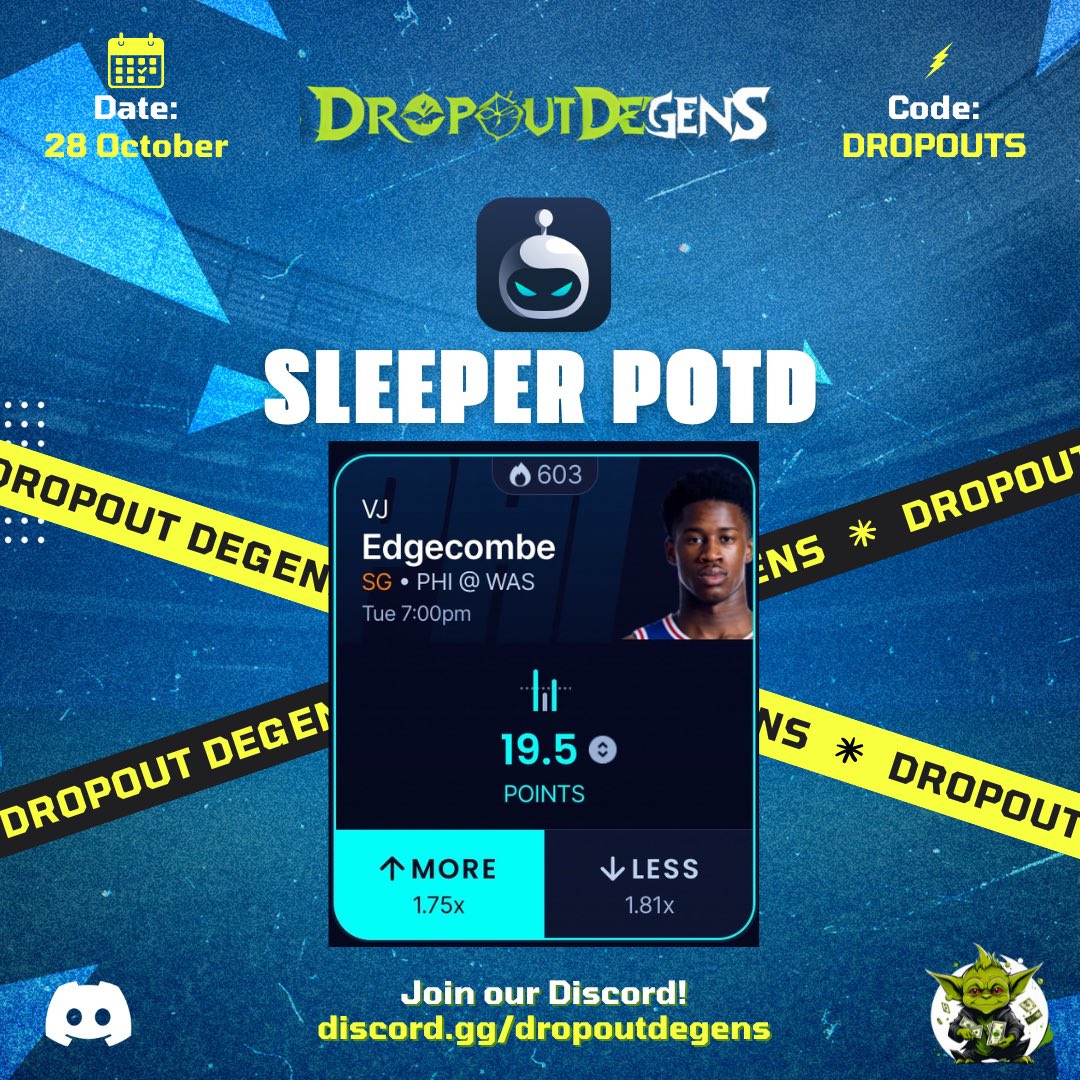 DropoutDegens's tweet photo. 🚨10/28/2025 NBA POTD🚨
✅✅❌❌✅

VJ Edgecombe o19.5 Points

Use code DROPOUTS on Chalkboard for a 100% deposit match up to $100!
https://t.co/HylFPTP5yV

🔽More plays posted in the Discord
https://t.co/TMMAUWHcav https://t.co/zv2BZpXeu9