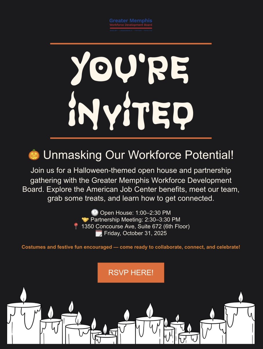 Join the Greater Memphis Workforce Development Board for a Halloween-themed Open House &amp; Partnership Gathering! 

Reserve here: docs.google.com/.../1FAIpQLSdz…
Costumes and festive fun are encouraged — so come ready to collaborate, connect, and celebrate! 
#GreaterMemphisWorks
