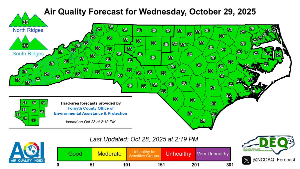 Here is the latest NC Air Quality Forecast for Wednesday, 10/29/2025
#ncwx #airquality #AQI

For our discussion &amp; KML files: airquality.climate.ncsu.edu/discussion/?is…