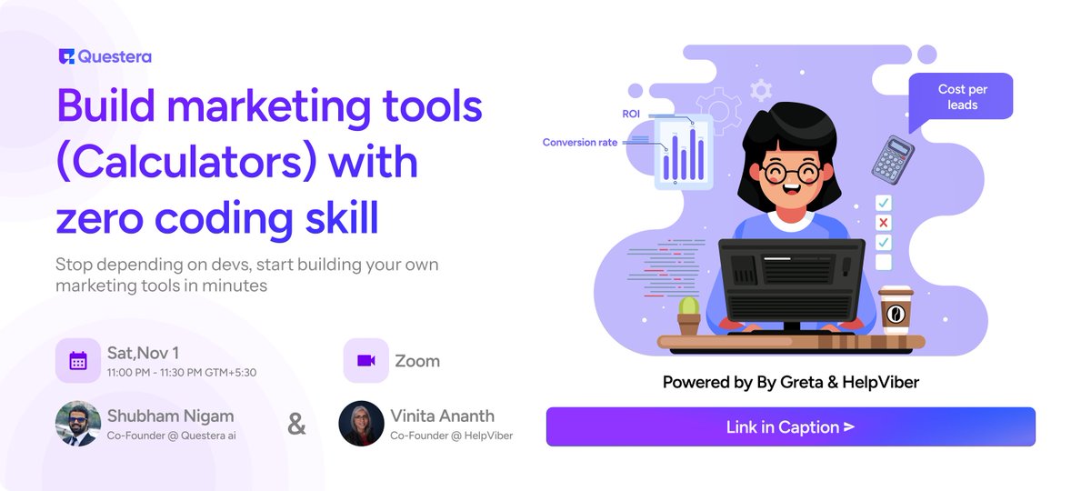 QuesteraAI's tweet photo. The smartest brands don’t just run campaigns, they build tools that do the talking!

From ROI calculators by HubSpot to cost estimators by Shopify - interactive tools have quietly become the most powerful way to attract and retain leads.

But here’s the thing, you don’t need a dev team to build them anymore.

Join our live masterclass this weekend (powered by GRETA & Help Viber) where we’ll show you how to:
✅ Build marketing calculators & trackers with zero coding
✅ Turn your data into self-serve experiences
✅ Empower your marketing team to build like product teams

📅 Saturday, 1st November
🕒 Duration: 30 mins
🔗 Link: https://t.co/HXxZmG5tMA

Let your audience use your marketing, not just see it.